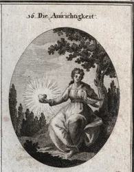 Allegorie van oprechtheid met een duif tegen haar borst en een stralend hart. Gravure in 