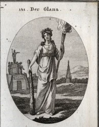 Allegorie van pracht. Gravure in "Iconologie oder Ideen aus dem Gebiete der Leidenschaften und Allegorien bildich dargestellt fur Zeichner, Mahler"