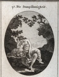 Allegorie van domheid. Het leunt op een schaap, van nature een dom dier. Gravure in 