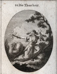 Allegorie van domheid gepersonifieerd door een belachelijke vrouw die een kaartspoel vasthoudt die in de wind draait en lacht. Gravure in 