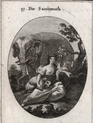 Allegorie van zachtheid of mansuetude, kroon van olijfbomen als symbool van vrede. Zijn attribuut is de olifant, die de goedheid van het hart vertegenwoordigt, het lam symbool van mansuetude en de duif, embleem van zachtheid. Gravure in 