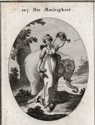 Allegorie van de matigheid. Haar attributen zijn mengsels van water en wijn, evenals de olifant, een dier dat altijd dezelfde hoeveelheid voedsel eet zonder overdaad. Gravure in „Iconologie oder Ideen aus dem Gebiete der Leidenschaften und Allegorien