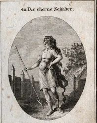 Allegorie van het Kopertijdperk afgebeeld als een schildwacht bij een hek in een trotse houding, bewapend met een borstkuras en een werpspies en een kap van een leeuwenhuid.