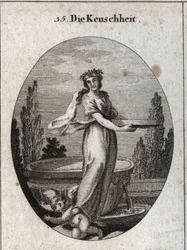 Allegorie van kuisheid met een kaneelkroon, een symbool van kuisheid bij de Egyptenaren, en een scherm gevuld met water dat verwijst naar de rechtvaardiging van een vestaalse maagd die haar kuisheid bewees. Ze weerhoudt een liefde onder haar voet