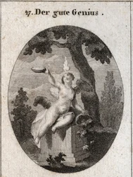 Allegorie van het gunstige genie in de gedaante van een gevleugeld kind met een kleine vlam op zijn hoofd, zittend op een altaar in de schaduw van een plataan. De hoorn des overvloeds betekent dat hij de mensen met zijn gunsten vervult. De vader is een