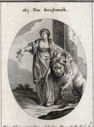 Allegorie van de generositeit met een gouden kroon op het hoofd en ontbloot bovenlijf, wijzend op de adel van gevoelens en oprechtheid van het hart. Ze presenteert juwelen en goud in de ene hand en de andere rust op een leeuw die vredig aan haar voeten lig