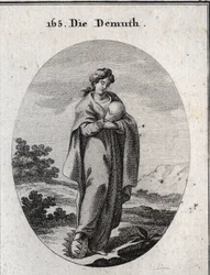 Allegorie van nederigheid. Onder haar voet een gouden kroon verrijkt met edelstenen. Ze veracht een bal die de aarde voorstelt waarvan ze de grootheid mist. Gravure in 