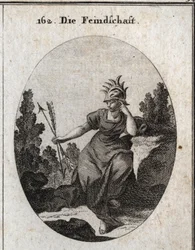 Allegorie van vijandschap met een helm versierd met ijzeren punten. Haar jurk is bezaaid met vlammen. De twee pijlen die ze vasthoudt zijn synoniem met tegenspraak. Gravure in 