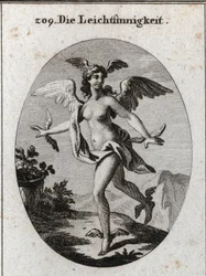 Allegorie van het licht. Ze heeft vleugels op haar hoofd, schouders, voeten en handen. Gravure in 