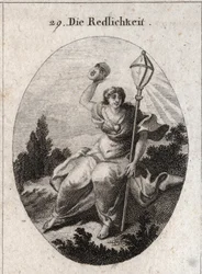 Allegorie van loyaliteit (of oprechtheid) die een masker weggooit dat het attribuut is van schijn en leugen. Het embleem is een kristallen lantaarn, symbool van de bliksem. Een hart is op zijn borst getekend.