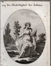 Allegorie van de voorspoed van het leven. Rijkelijk gekleed en gekroond met druiven en attributen van rijkdom en overvloed. De eikentak gevuld met bladeren en fruit betekent gezondheid maar ook soliditeit en onvergankelijkheid. Gravure in 