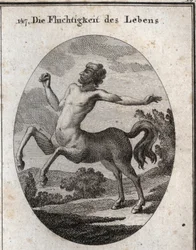 Allegorie van de snelheid van het menselijk leven afgebeeld door een Centaur. Gravure in 