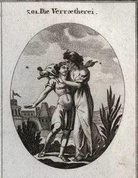 Allegorie van verraad. Een afschuwelijke oude vrouw streelt een knappe jonge man en bereidt zich tegelijkertijd voor om hem te steken. Gravure in 