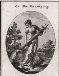 Allegorie van eenheid. Gekroond met olijfboom symbool van vrede, en vreugde die allegorie vertegenwoordigt. Het stroomt op een bundel strak gebonden stokken zonder de afbeelding van kracht en eenheid te buigen. Gravure in 