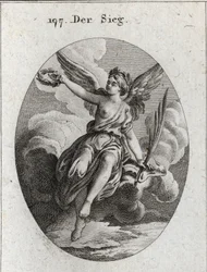 Allegorie van overwinning. Ze heeft vleugels en houdt een palm en een lauwerkrans vast. Gravure in "Iconologie oder Ideen aus dem Gebiete der Leidenschaften und Allegorien bildich dargestellt fur Zeichner, Mahler, Dichter, Gelehrte, Erzieher und freunde Ho