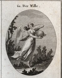 Allegorie van wil. Ze wordt afgebeeld met vleugels en houdt een bal van verschillende kleuren vast. Gravure in 