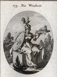 Allegorie van wijsheid. Zijn kleding en zijn witte wapens definiëren zijn kracht en zuiverheid. De haan op zijn helm is het symbool van zijn intelligentie en waakzaamheid. De lichtstralen die uit zijn slapen komen betekenen waardigheid en heiligheid. Het s