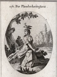 Babel allegorie. Zijn draperie is gevuld met cicaden en tongen. Zijn attribuut is de kraai. Gravure in 