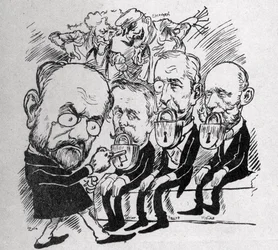 Emile Zola probeert de sloten te ontgrendelen die de monden van presidenten Jean Casimir-Perier en Felix Faure sluiten, evenals die van president van de Raad Jules Meline, terwijl op de achtergrond Henri Rochefort spreekt