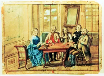 Keizerin Maria Teresa van Oostenrijk speelt kaarten met veldmaarschalk Karoly Batthyany, Nadasky en veldmaarschalk Leopold Joseph, graaf von Daun, 1751