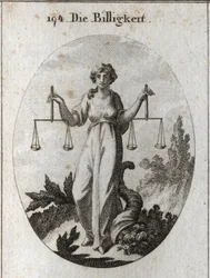 Allegorie van rechtvaardigheid die twee schalen op dezelfde hoogte houdt. Haar attribuut is de hoorn des overvloeds om te laten zien dat ze met goedheid beloont na rechtvaardig te hebben geoordeeld. Gravure in 