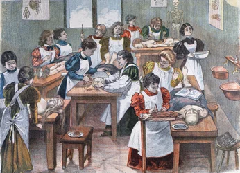 Vrouwelijke studenten in een anatomie-instituut in New York, 1897