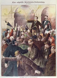 Politie breekt een protestbijeenkomst van werkloze arbeiders op, 1897