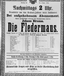 Affiche voor “Die Fledermaus” van Johann Strauss jr., voor een uitvoering in de Weense Staatsopera, 28 oktober 1894 (lithografie)