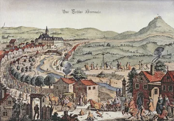 Uitzicht op het noorden van Wenen met het Schlos Hernals en de Kahlenberg heuvels op de achtergrond (gravure)