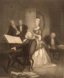 Wolfgang Amadeus Mozart begeleidt Caterina Maddalena Giuseppa (gravure)