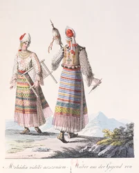 Vrouwen in traditionele kleding van de Mehadia regio, illustratie uit een boek Costumes de Hongrie door J.H. de Bikkesy