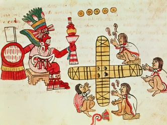 Het kansspel Patoli en de god Xochipilli, uit de Codex Magliabechiano