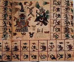 Voorstelling van Azteekse godheden en vakken die met de kalender overeenkomen. Pagina uit het Azteekse manuscript op boomschors „Codex Borbonicus”, precolumbiaanse inheemse codex uit Centraal-Mexico, eind 15e eeuw. Bibliotheek van de Nationale Vergadering