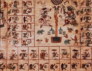 Voorstelling van Azteekse godheden en vakken die overeenkomen met de kalender. Pagina van het Azteekse manuscript op boomschors „Codex Borbonicus”, precolumbiaanse inheemse codex uit Centraal-Mexico, eind 15e eeuw. Bibliotheek van de Nationale Vergadering