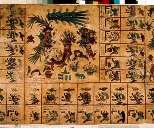Voorstelling van Azteekse godheden en vakken die overeenkomen met de kalender. Pagina van het Azteekse manuscript op boomschors „Codex Borbonicus”, precolumbiaanse inheemse codex uit Centraal-Mexico, eind 15e eeuw. Bibliotheek van de Nationale Vergadering