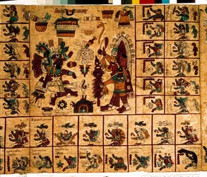 Voorstelling van Azteekse godheden en vakken die overeenkomen met de kalender. Pagina van het Azteekse manuscript op boomschors "Codex Borbonicus", een precolumbiaanse inheemse codex uit Centraal-Mexico, eind 15e eeuw. Bibliotheek van de Nationale
