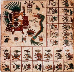 Voorstelling van Quetzalcoatl en Tezcatlipoca, Azteekse godheden, en vakken die overeenkomen met de kalender. Pagina uit het Azteekse manuscript op schors „Codex Borbonicus”, precolumbiaanse inheemse codex uit Centraal-Mexico, eind 15e eeuw. Bibliotheek