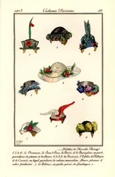 Dameshoeden ontwerpen door hoedenmaker Marcelle Demay. Modèles de Marcelle Demay. Handgekleurde pochoir (stencil) ets naar een illustratie van B. Berty uit Tommaso Antongini’s Journal des Dames et des Modes, Aux Bureaux du Journal des Dames, Parijs