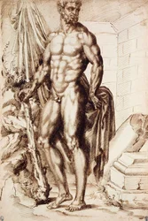 Hercules naar links gedraaid, leunend op zijn Knots, Houdend Draperie, bij de Ruïnes van een Tempel