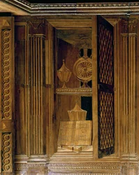 Intarsia panelen met een kast met een traliedeur, in de studeerkamer van Federigo da Montefeltro, Hertog van Urbino