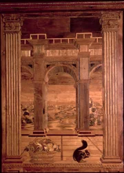 De studeerkamer van Federigo da Montefeltro, hertog van Urbino: intarsiapanelen die een uitgestrekt landschap tonen door de bogen van een arcadisch terras, ontworpen door Baccio Pontelli