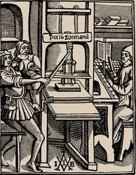 Prelum Ascensianum: drukkerij met de drukpers in werking, 1508