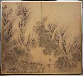 Landschap met bergen en meer,
1780 (Paar schermen met twee panelen; inkt en lichte
kleur op papier)