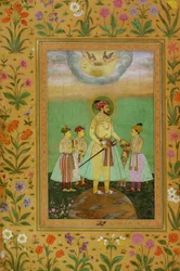 Shah Jahan Staat op een Grote Wereldbol Omringd door Zijn Vier Kinderen, uit het Minto Album