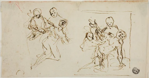 Twee compositieschetsen van in elkaar zakkende figuur ondersteund door twee andere figuren (recto); compositieschets van knielende figuur begeleid door twee andere figuren