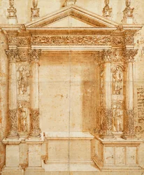 Ontwerp voor een Altaar met een Fronton Tabernakel Ondersteund door Gepaarde Korinthische Beelden van Sint Lucia, Sint Agnes, Sint Ansanus en Sint Stefanus in Nissen Tussen Deze