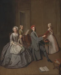 Deens:  De artiest en zijn familie maken samen muziek De familie van de artiest maakt samen muziek