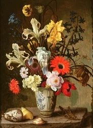 Bloemenstudie met beker, sprinkhaan en schelpen