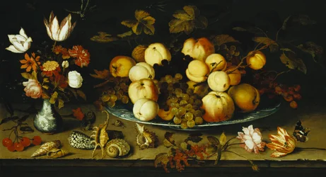 Fruit op een Schotel, Bloemen in een Wanli Kraak Porselein Vaas, Takjes Kersen en Rode Bessen, Zeeschelpen, een Roos, een Tulp, een Anjer, een Hagedis, een Slak en een Atalanta op een Stenen Rand, Libellen Boven, 1626