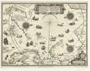 Kaart van de landen rond de Noordpoolcirkel met de drie reizen van de Nederlanders in 1598